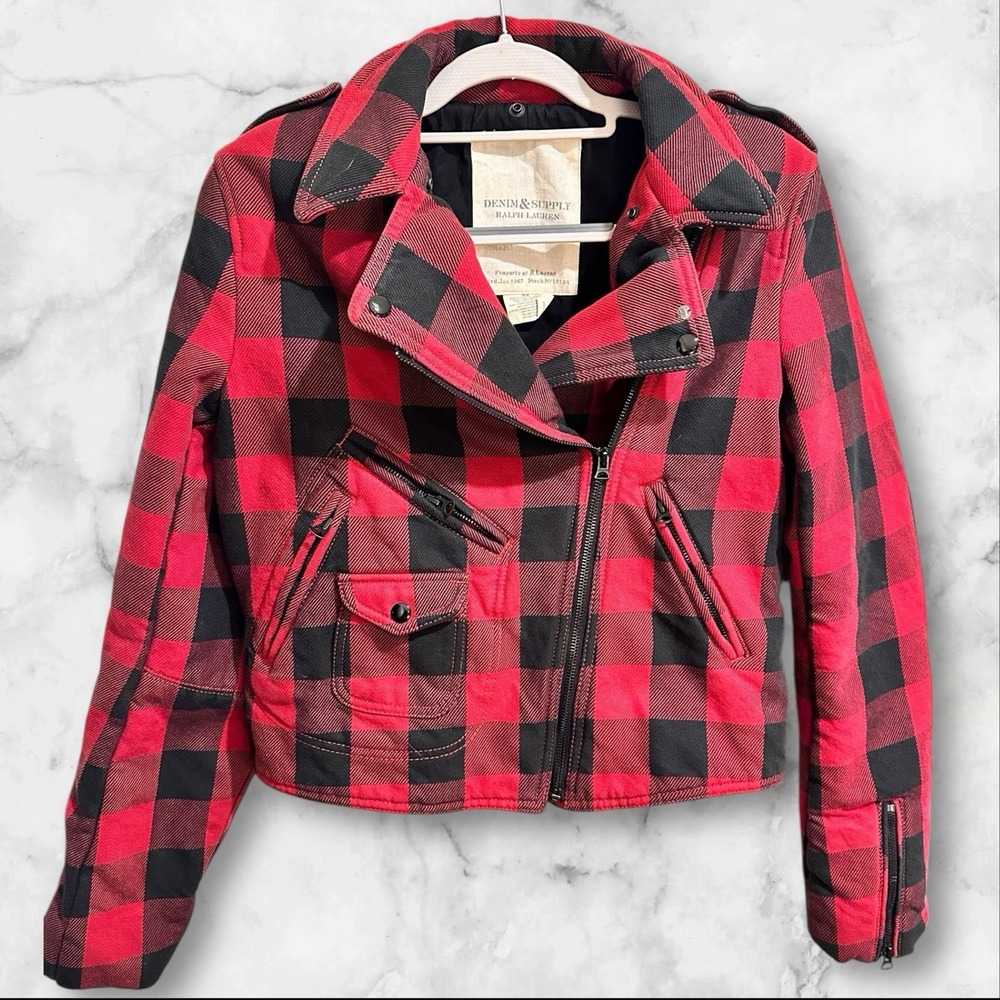 VTG 90s Y2K DENIM & SUPPLY Womens M Buffalo Plaid Red Thick Moto Jacket Bomber‎